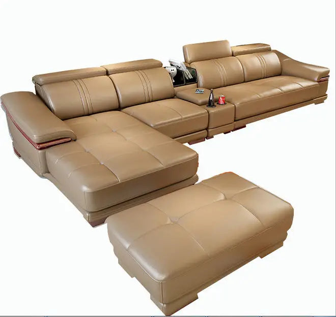 MANBASCN Real Leather L Shaped Sofa Bed with Recliner