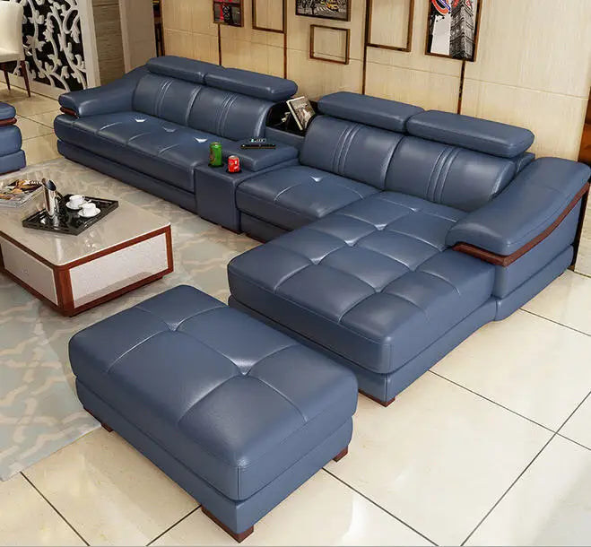 MANBASCN Real Leather L Shaped Sofa Bed with Recliner