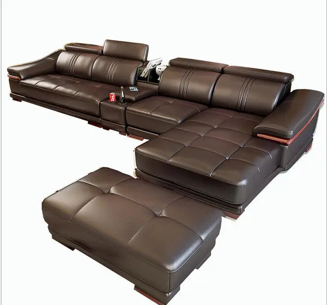 MANBASCN Real Leather L Shaped Sofa Bed with Recliner