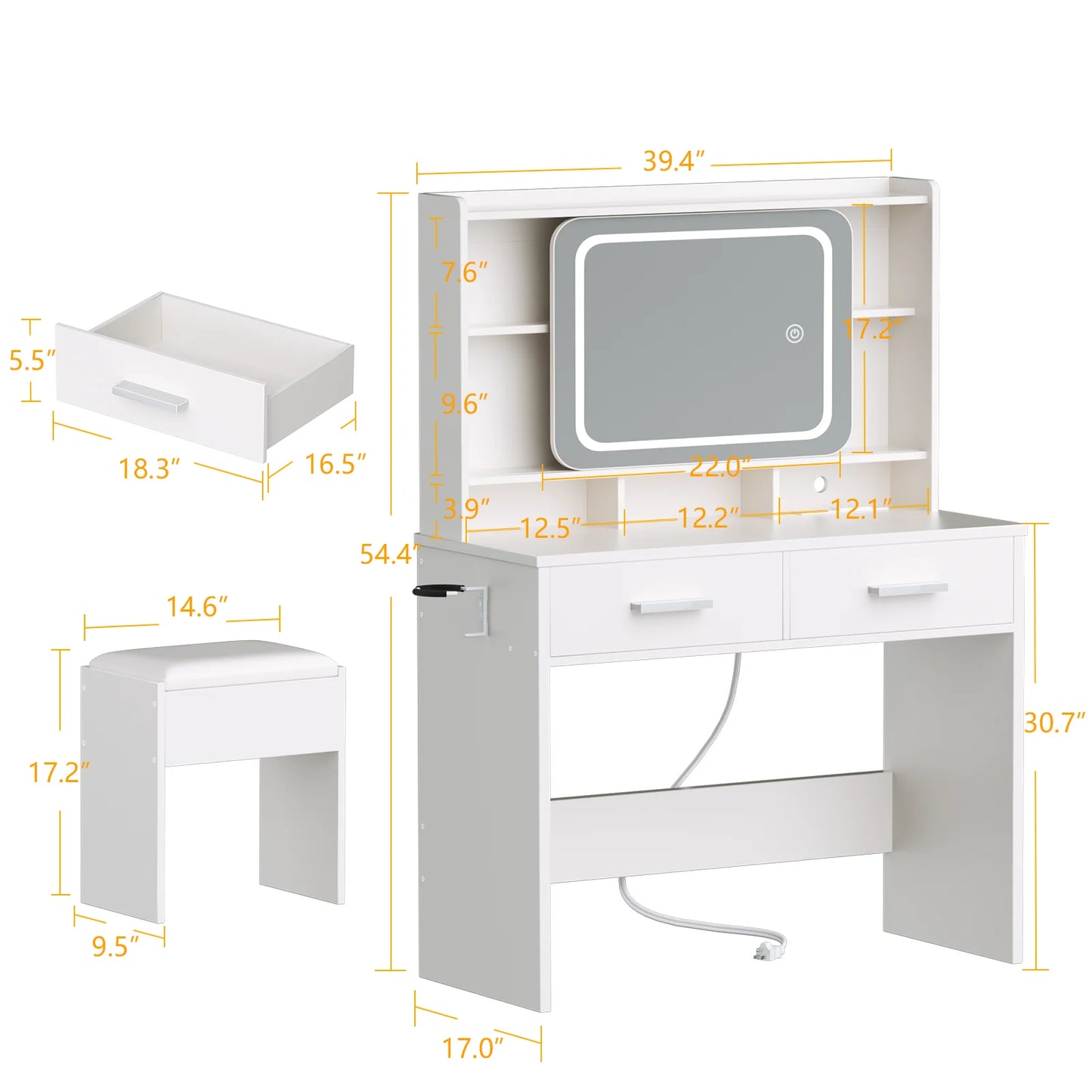 Satifur Vanity Desk with LED Mirror and Power Outlets
