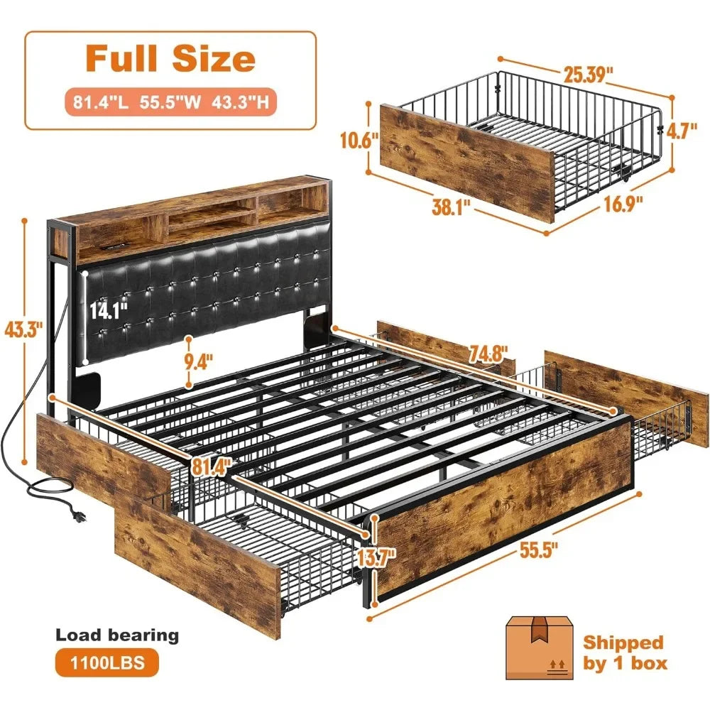 XMSJ Bed Frame With Storage Drawers And Charging Station
