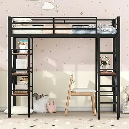 Metal Loft Bed With Desk Shelves Ladder And Safety Guard