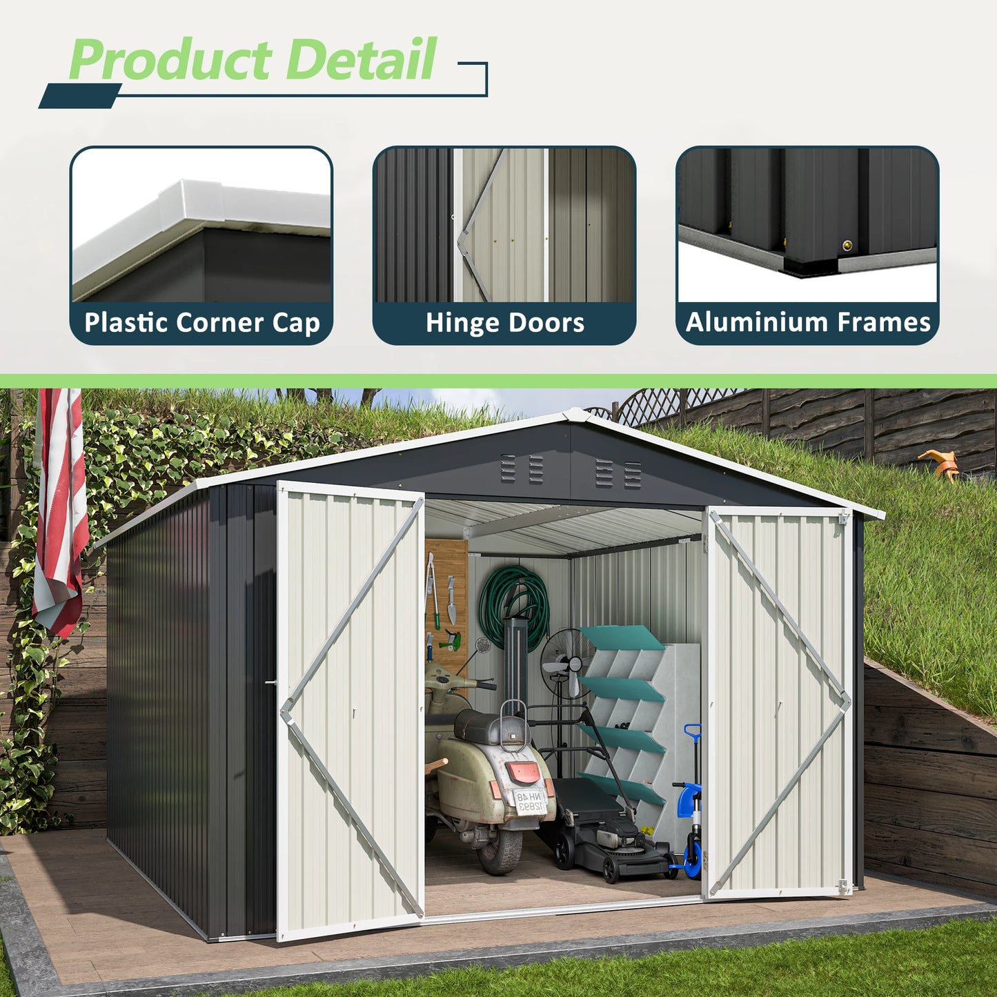 LZBEITEM Outdoor Metal Storage Shed With Lockable Doors