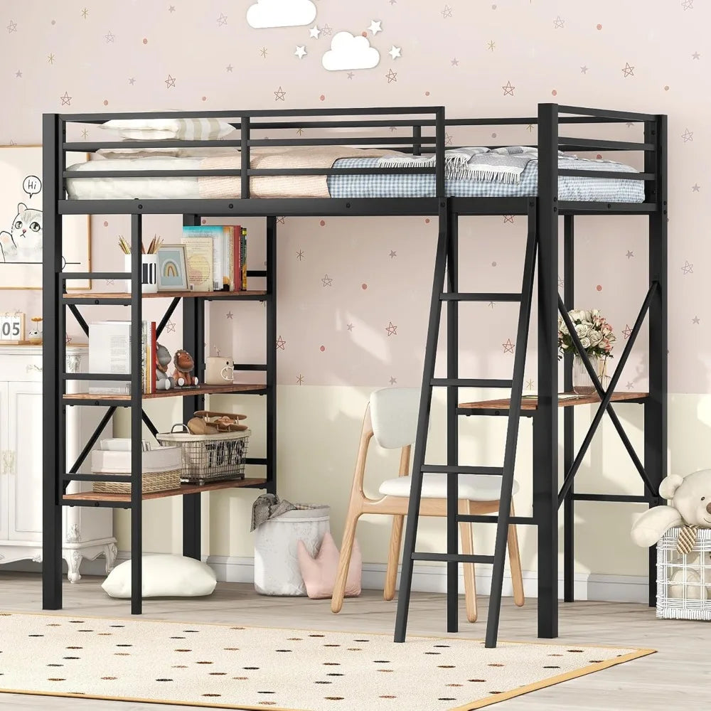 Metal Loft Bed With Desk Shelves Ladder And Safety Guard