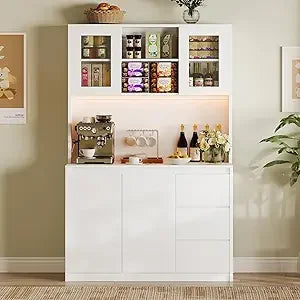 Kitchen Pantry Cabinet Microwave Stand LED And Power Outlets