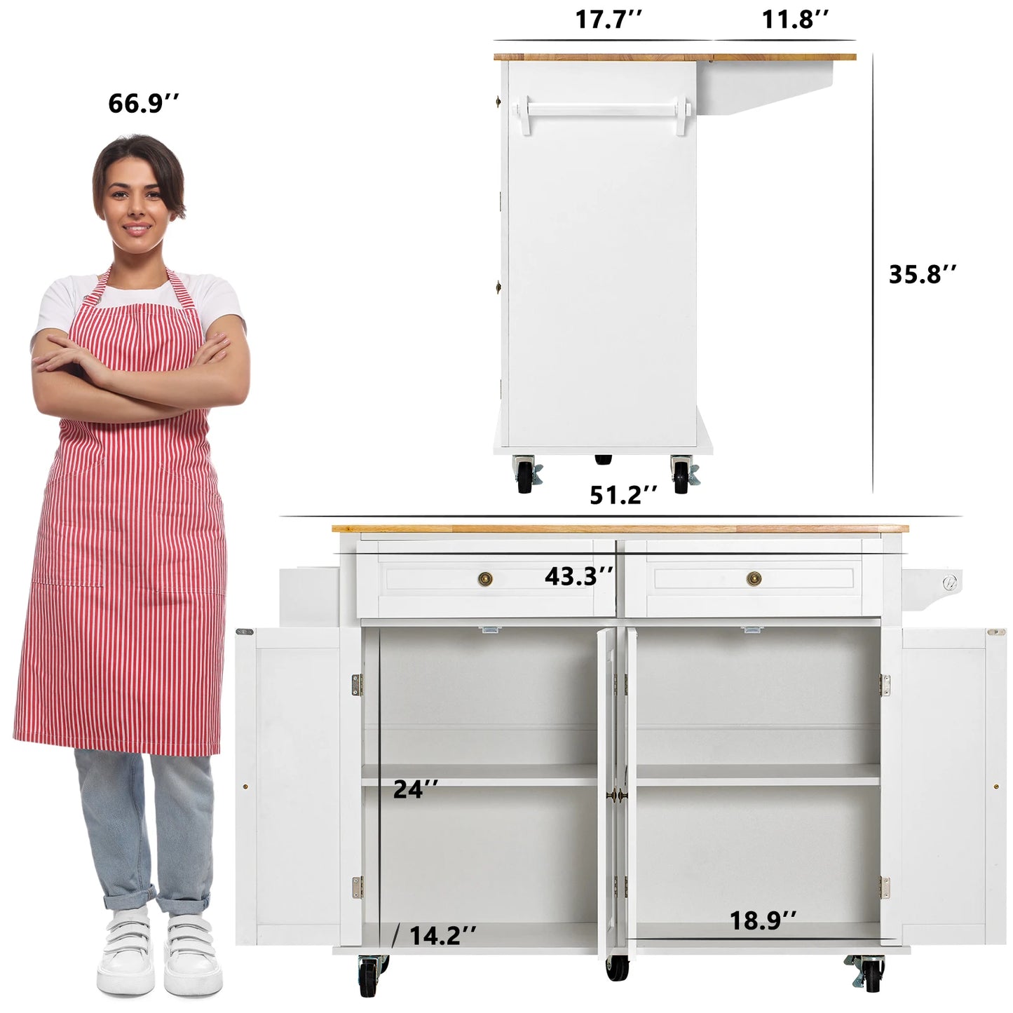 QiaoShiRen Rolling Kitchen Island With Drop Leaf And Storage