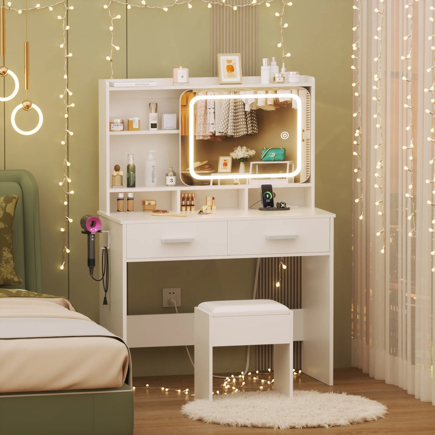 Satifur Vanity Desk with LED Mirror and Power Outlets