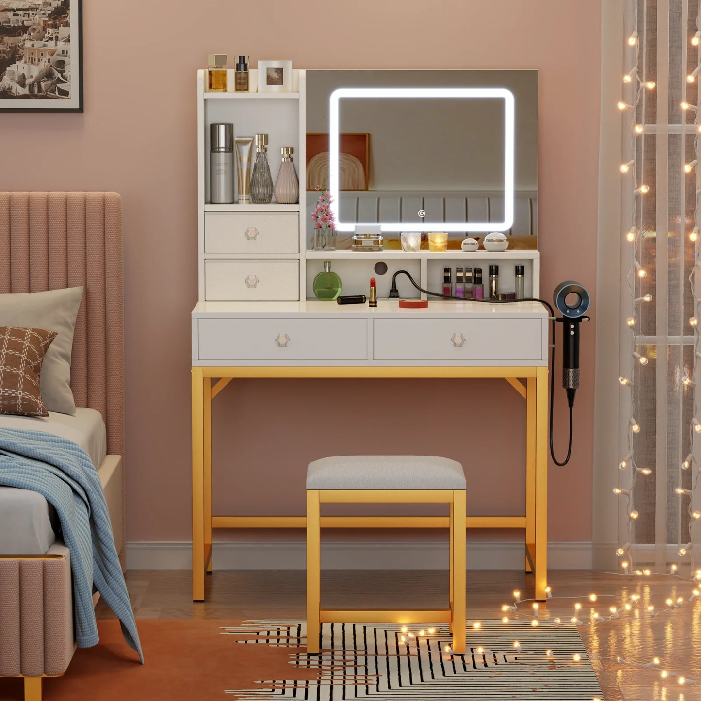 Satifur Vanity Desk with LED Mirror and Power Outlets
