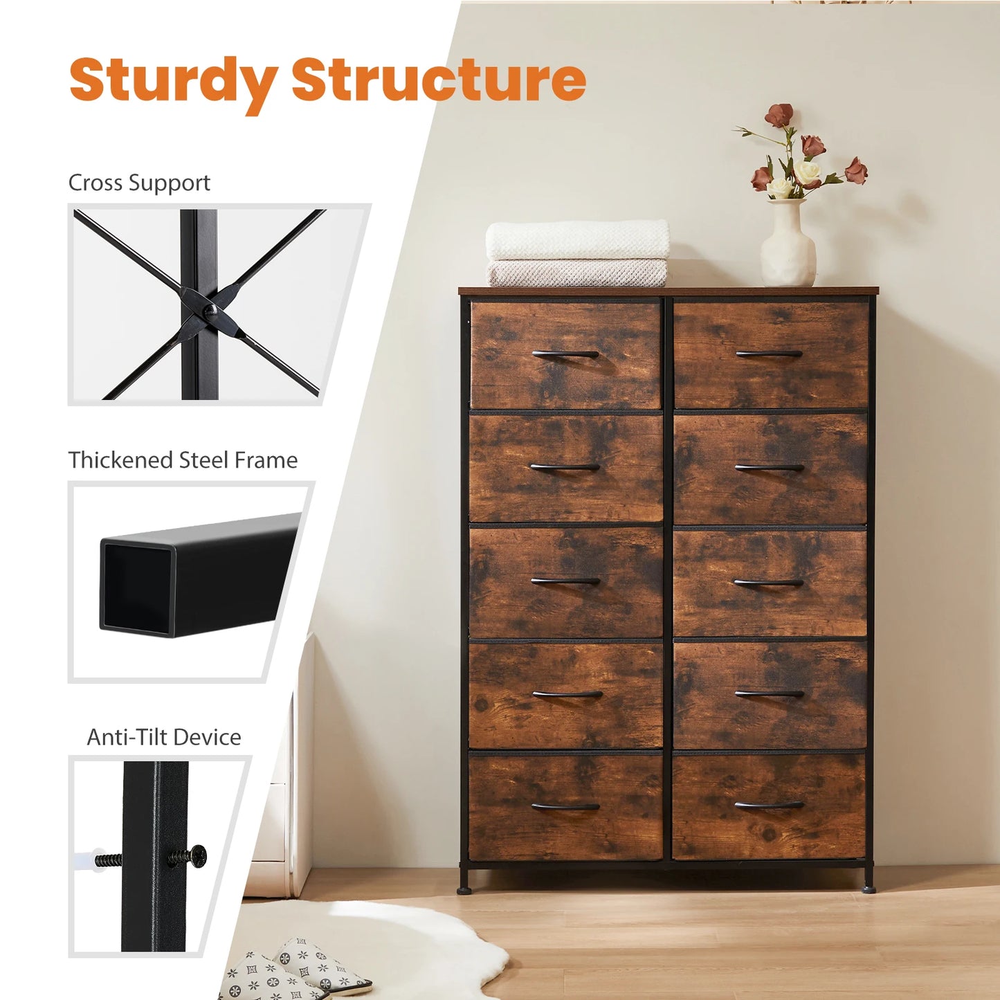 JHK Bedside Table Wardrobe With Steel Frame And Drawers