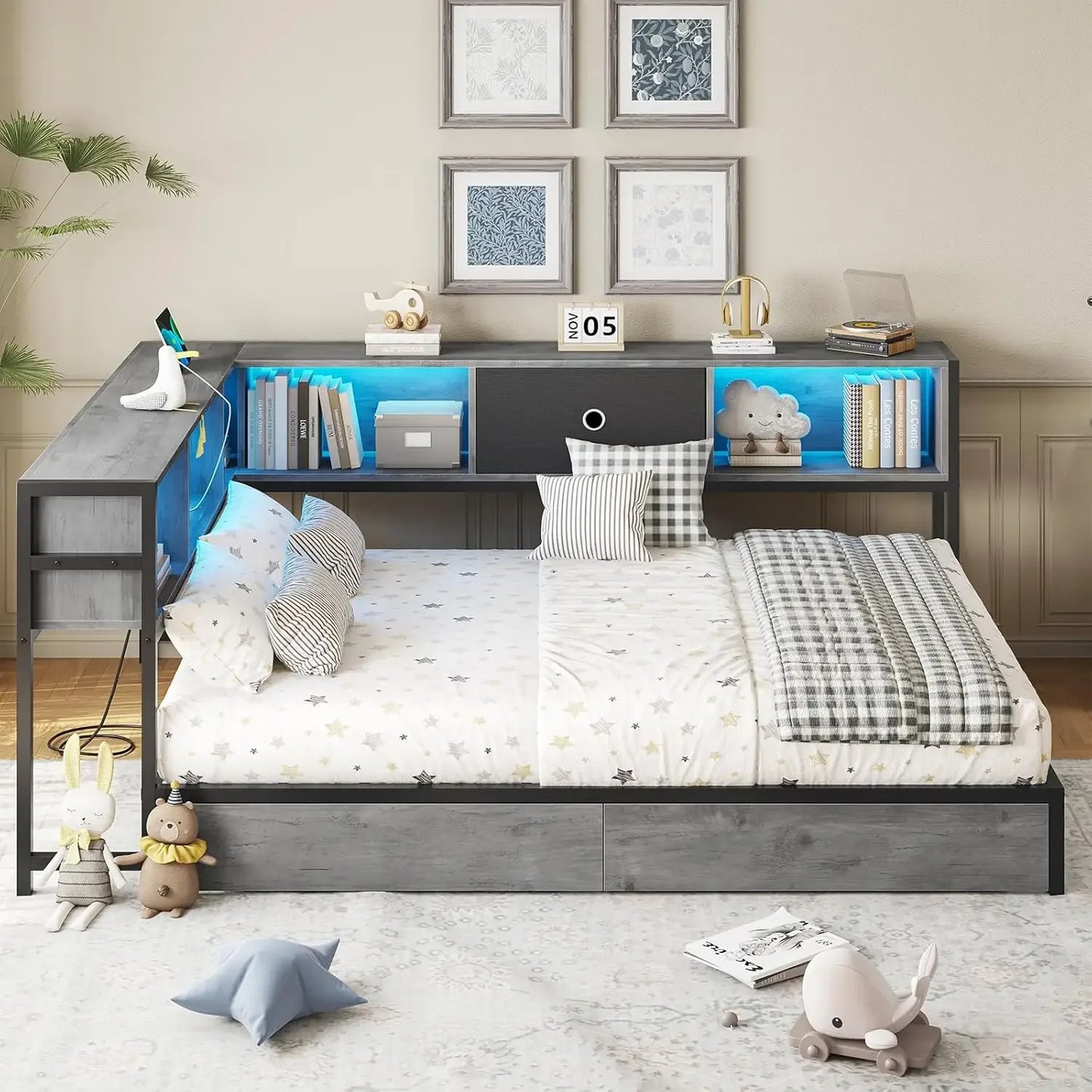 XMSJ Corner Bed Frame With Bookcase Storage And Led Lights