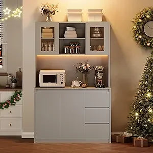 Kitchen Pantry Cabinet Microwave Stand LED And Power Outlets