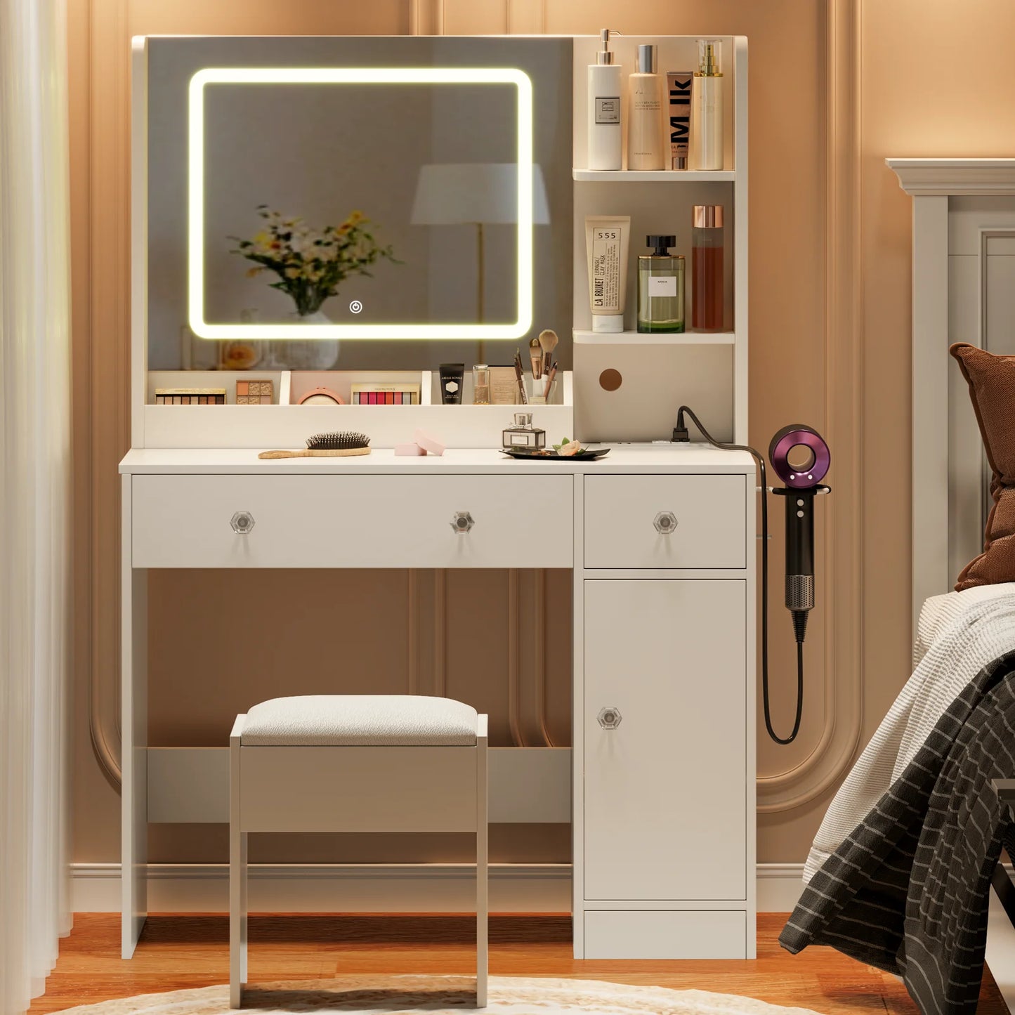 Satifur Vanity Desk with LED Mirror and Power Outlets