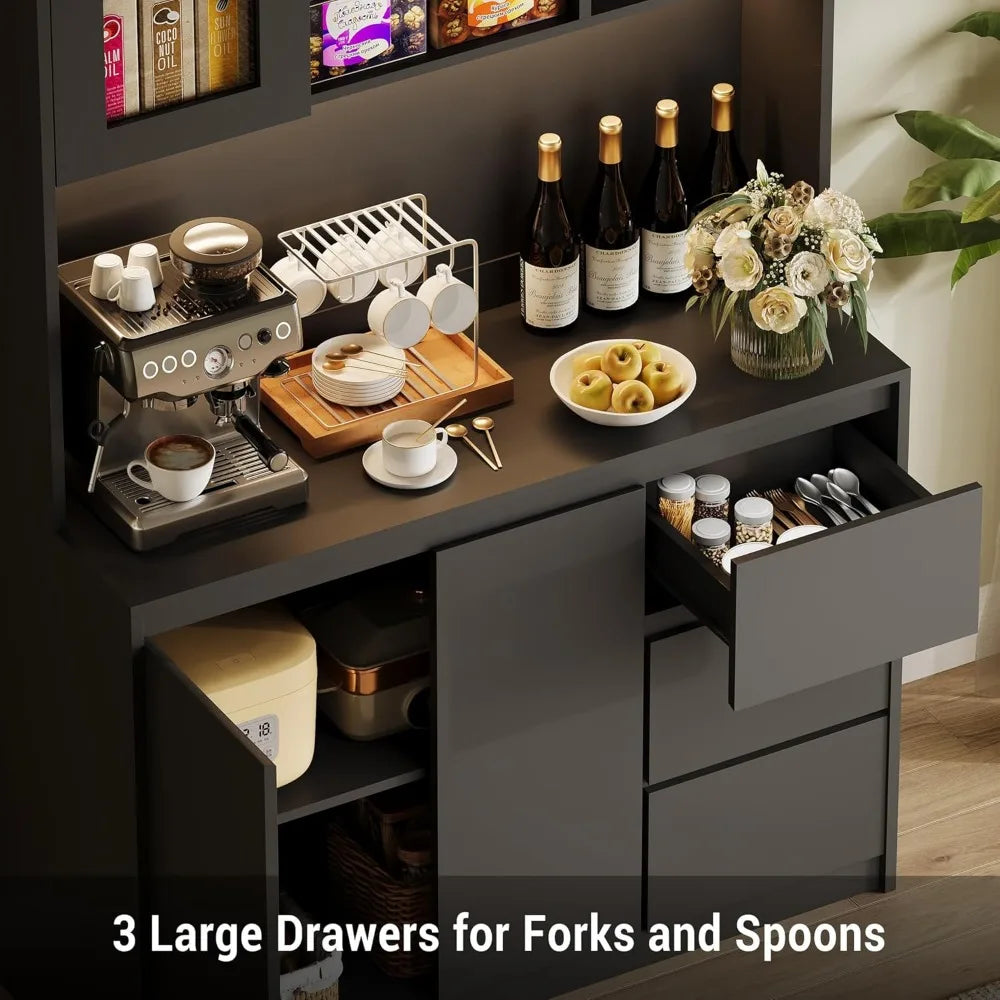 Kitchen Pantry Cabinet Microwave Stand LED And Power Outlets