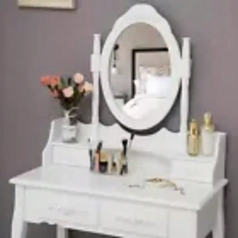 Hign-concerned Makeup Vanity Table Set 4 Drawers Oval Mirror