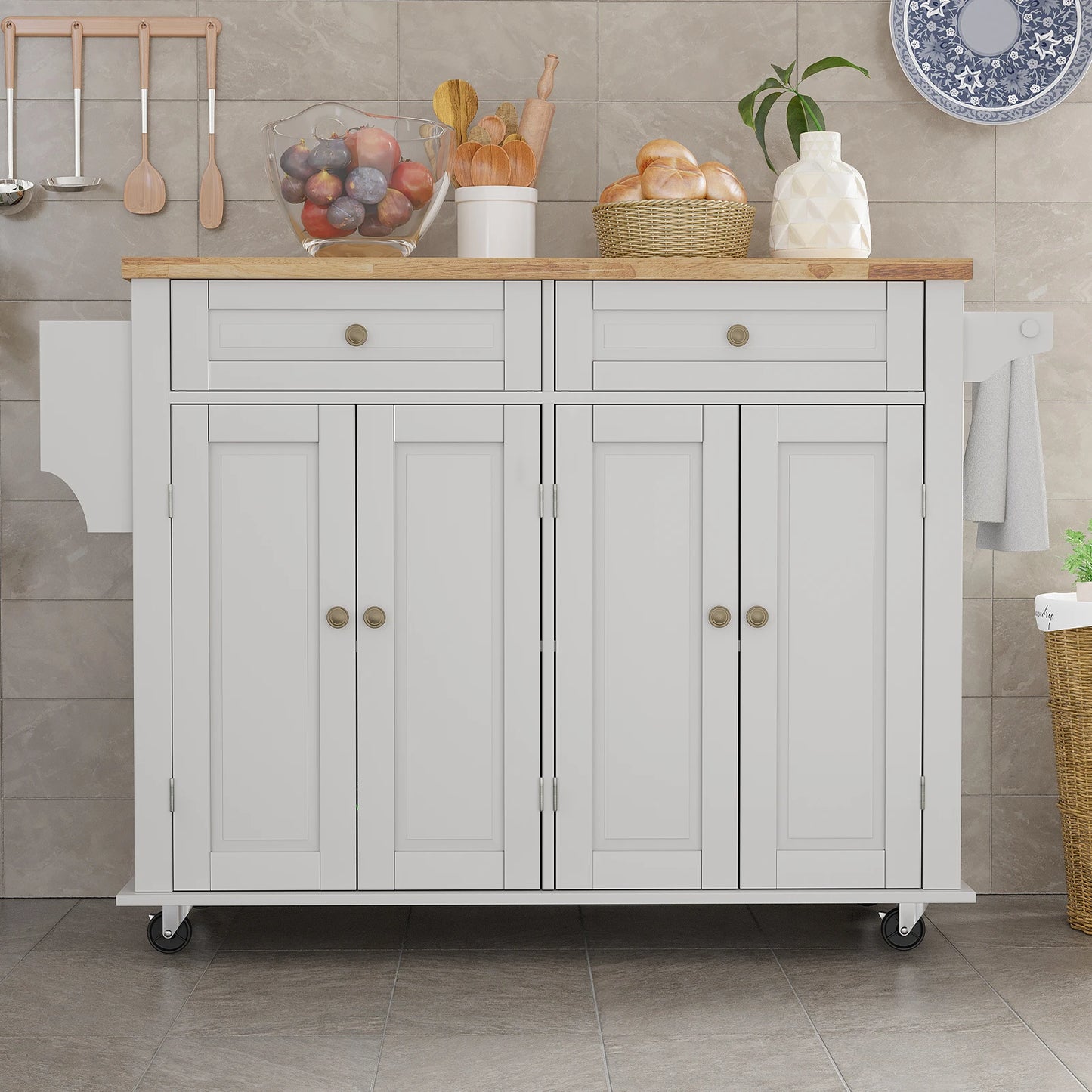 QiaoShiRen Rolling Kitchen Island With Drop Leaf And Storage