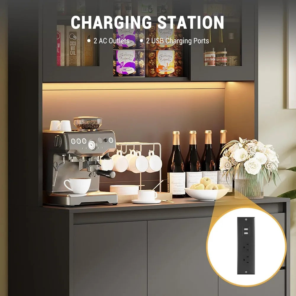 Kitchen Pantry Cabinet Microwave Stand LED And Power Outlets