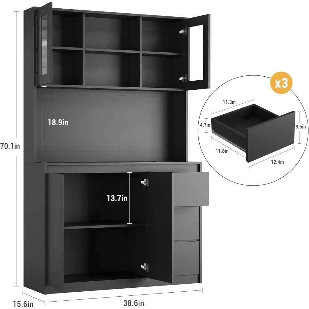 Kitchen Pantry Cabinet Microwave Stand LED And Power Outlets
