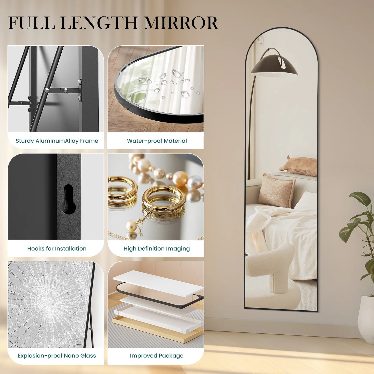 JHK Wall Mirror Aluminum Frame Standing Wall Hanging