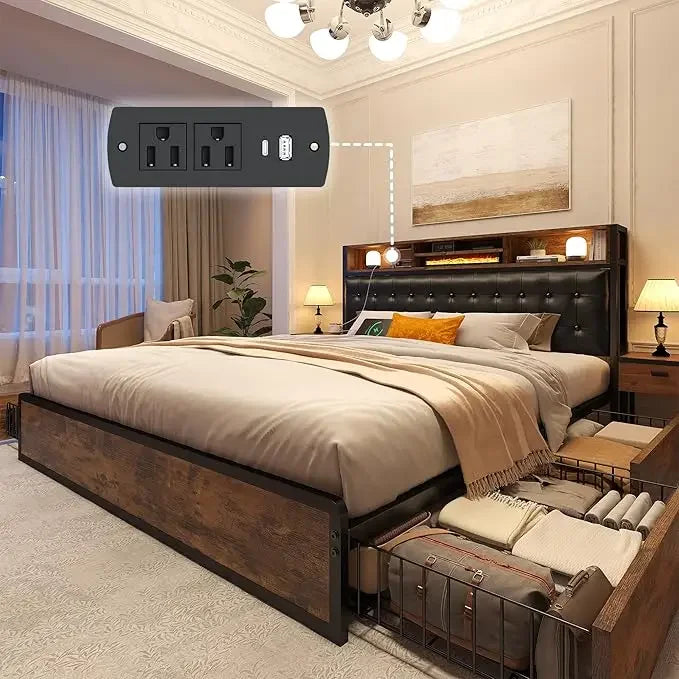 XMSJ Bed Frame With Storage Drawers And Charging Station