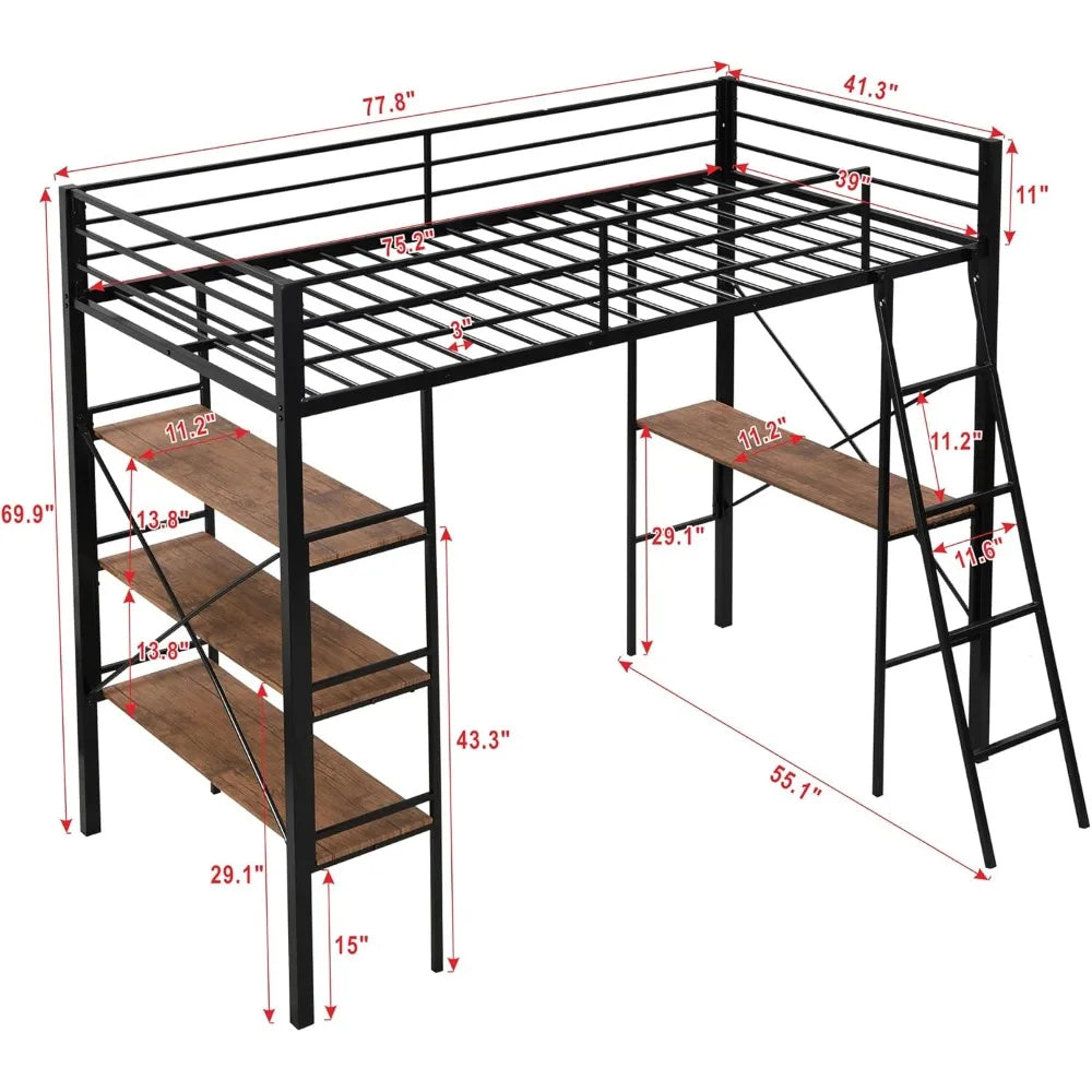 Metal Loft Bed With Desk Shelves Ladder And Safety Guard