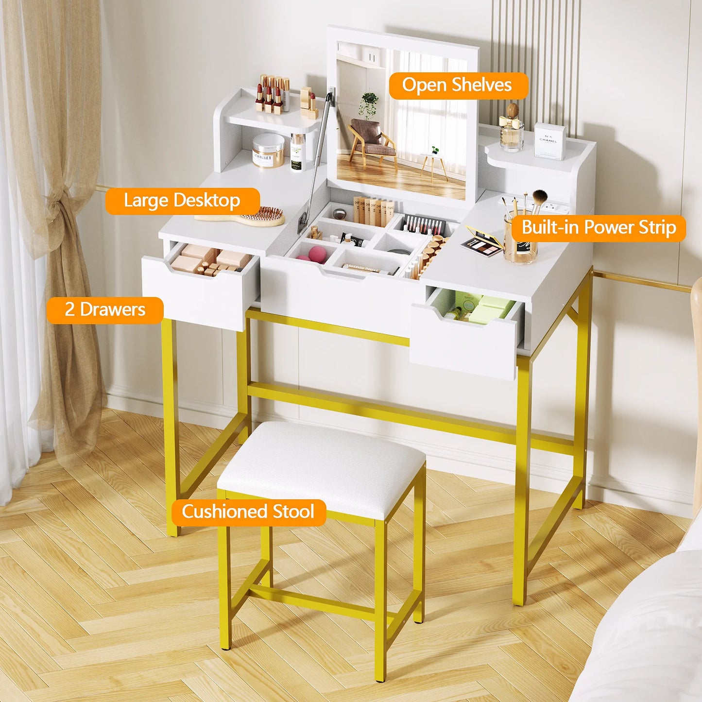 Satifur Vanity Desk with LED Mirror and Power Outlets