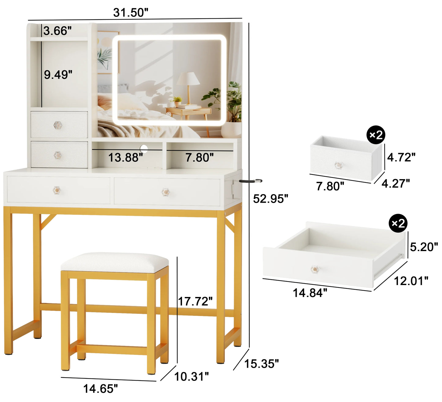Satifur Vanity Desk with LED Mirror and Power Outlets
