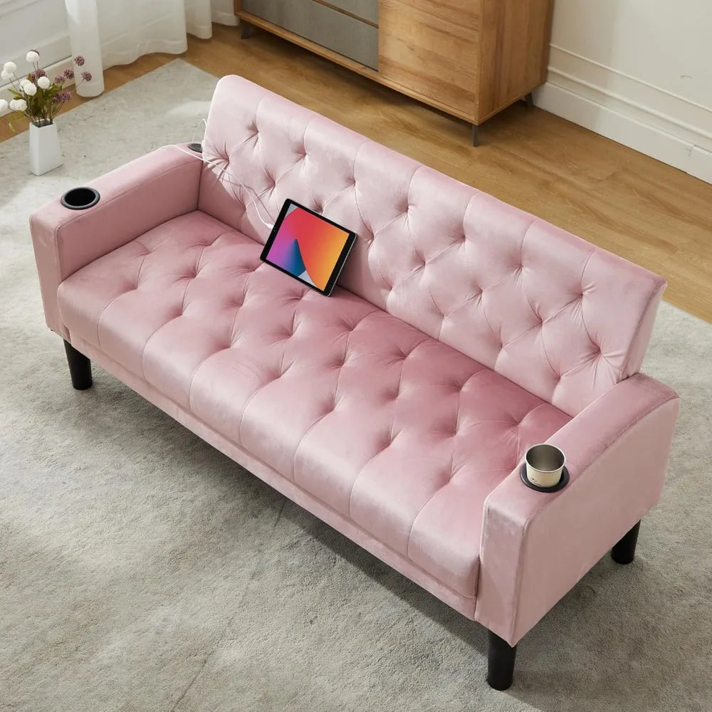 YANYING Mid Century Modern Tufted Velvet Loveseat USB Ports