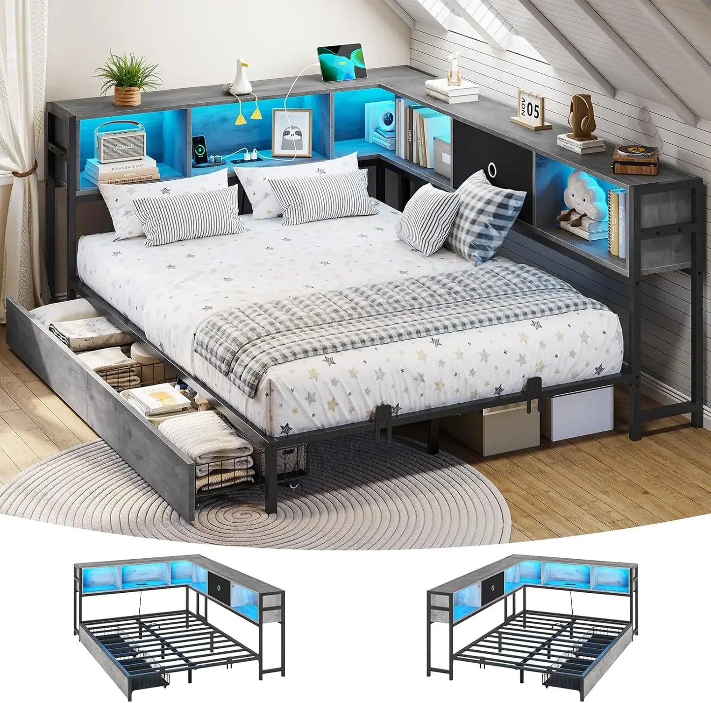 XMSJ Corner Bed Frame With Bookcase Storage And Led Lights