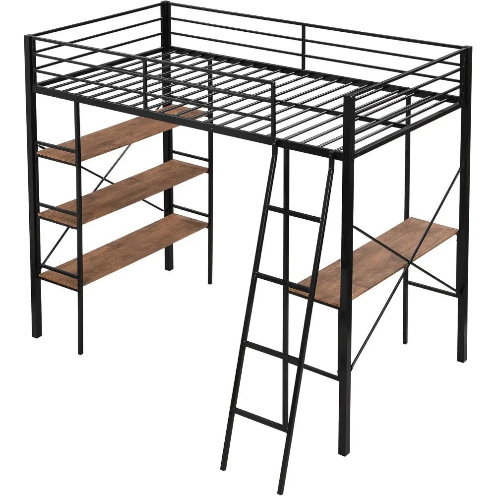 Metal Loft Bed With Desk Shelves Ladder And Safety Guard
