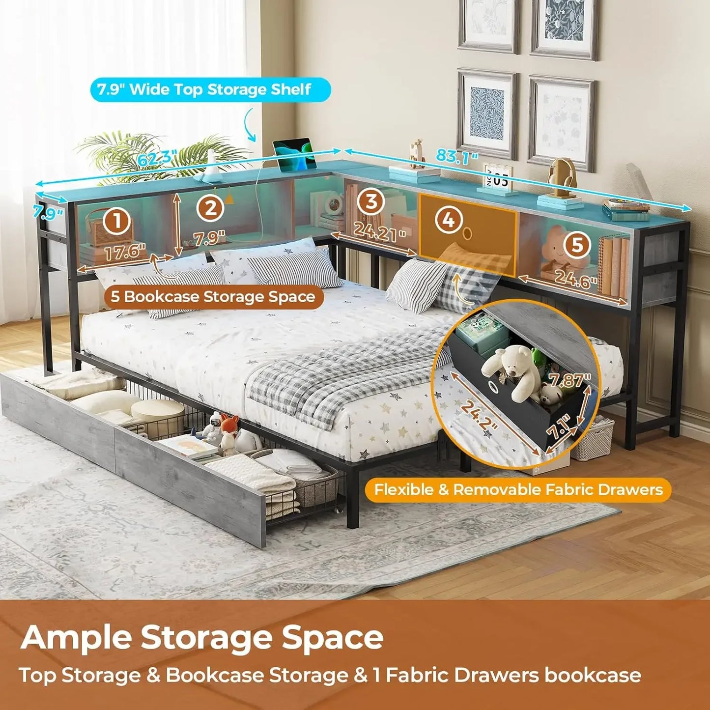 XMSJ Corner Bed Frame With Bookcase Storage And Led Lights