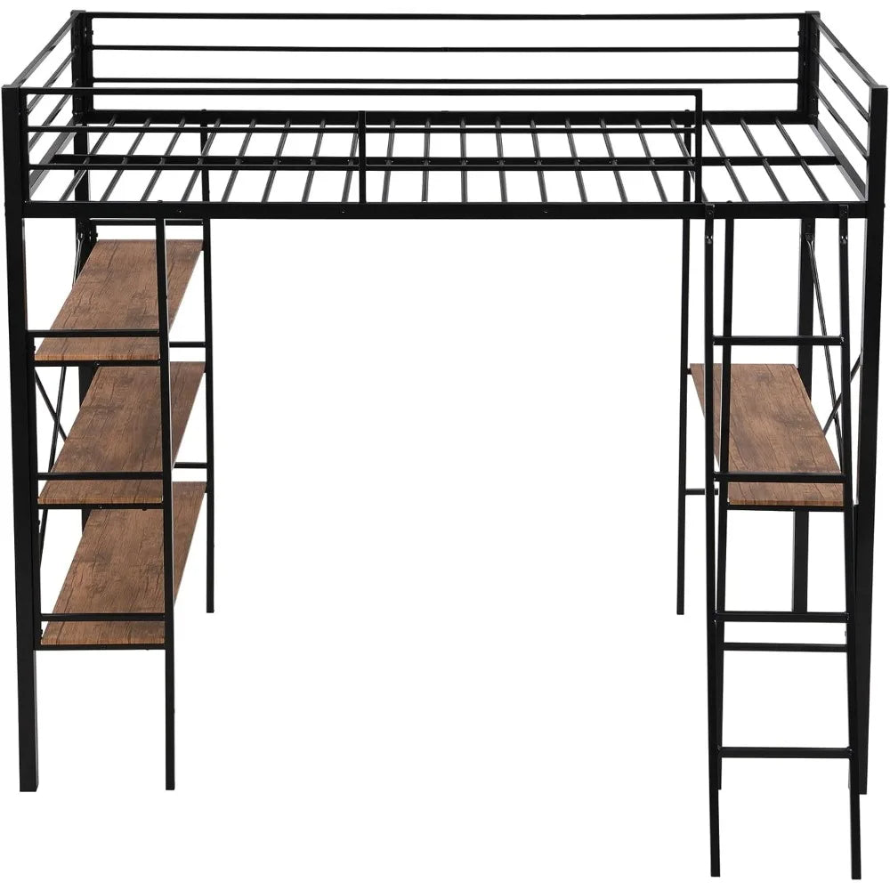 Metal Loft Bed With Desk Shelves Ladder And Safety Guard