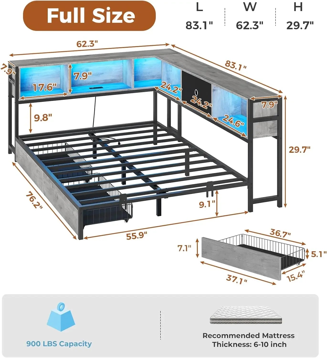 XMSJ Corner Bed Frame With Bookcase Storage And Led Lights
