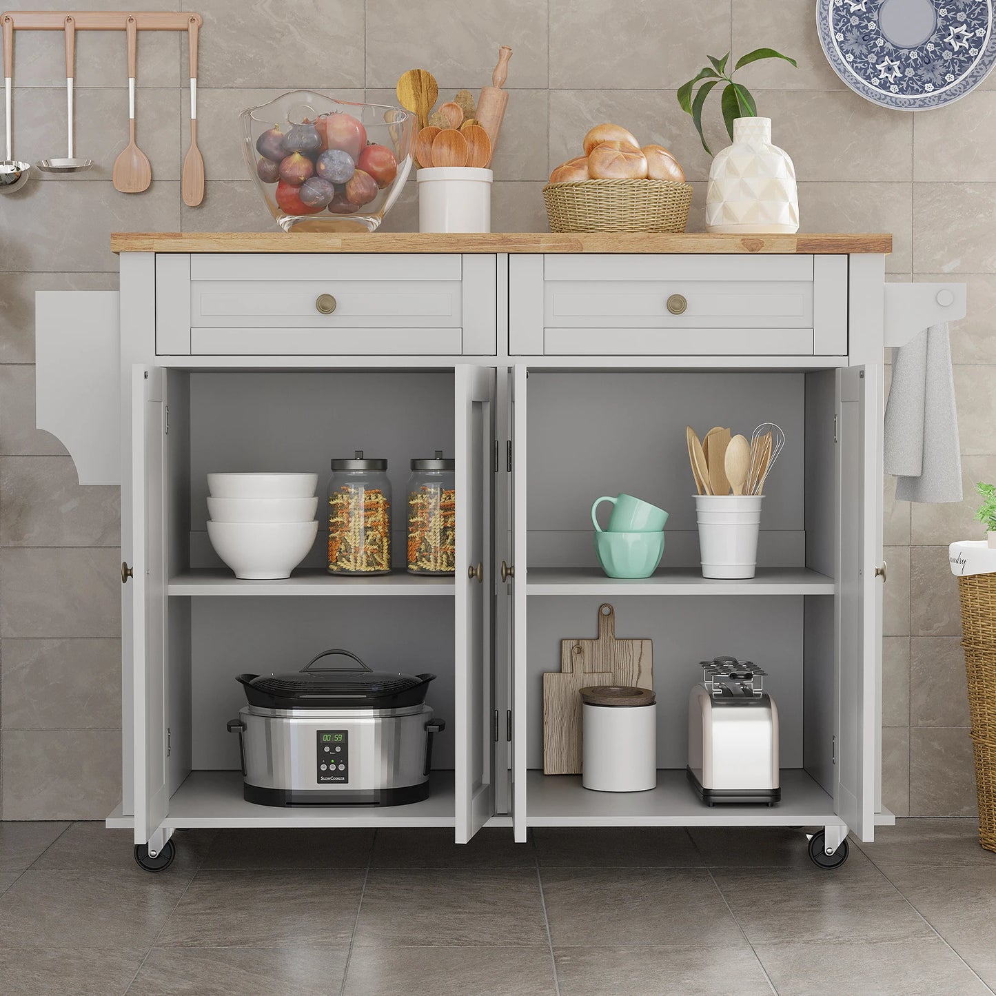 QiaoShiRen Rolling Kitchen Island With Drop Leaf And Storage