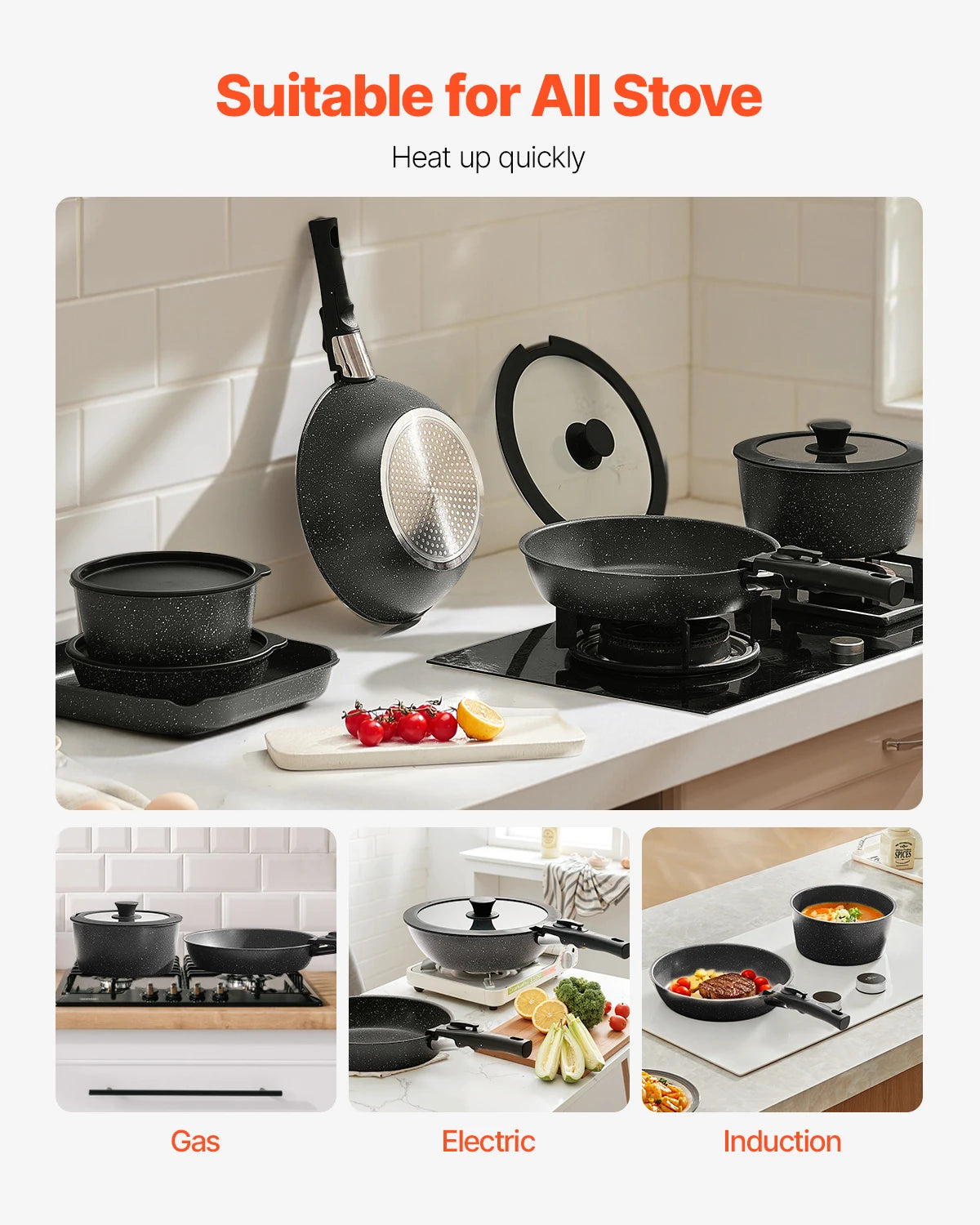 VEVOR Nonstick Cookware Set Granite Induction Kitchen Pans