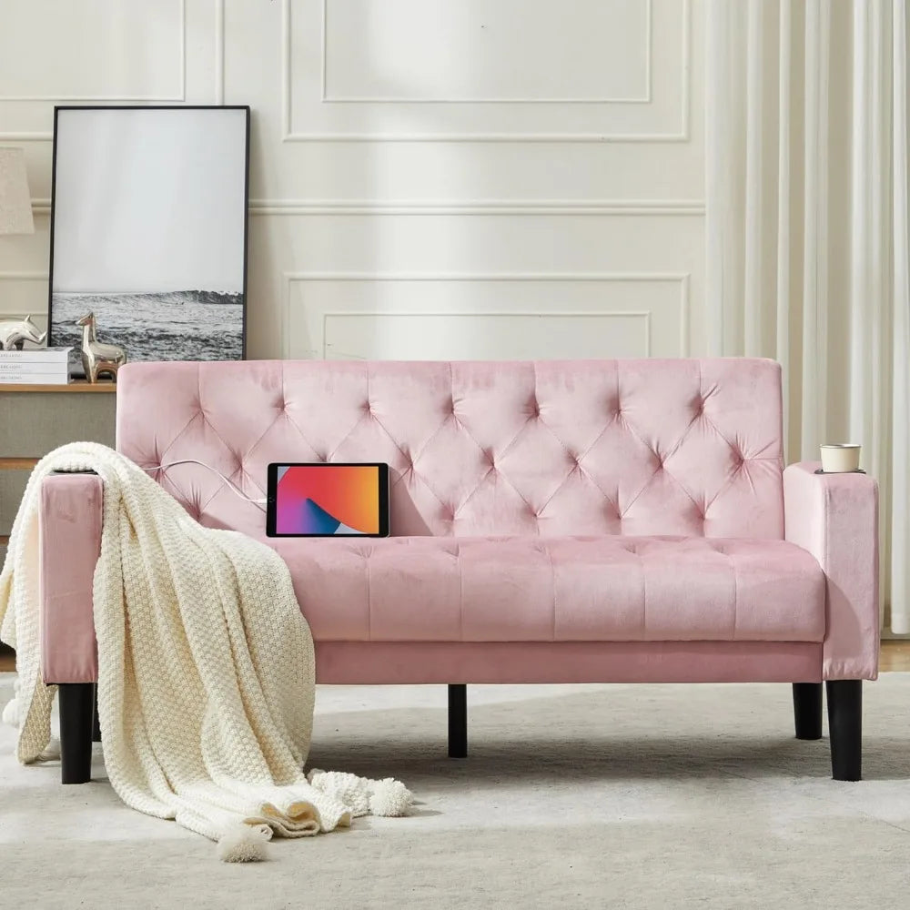 YANYING Velvet Loveseat Sofa With USB Ports And Cupholders