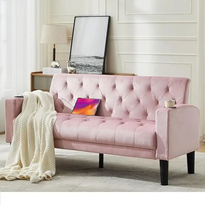 YANYING Mid Century Modern Tufted Velvet Loveseat USB Ports