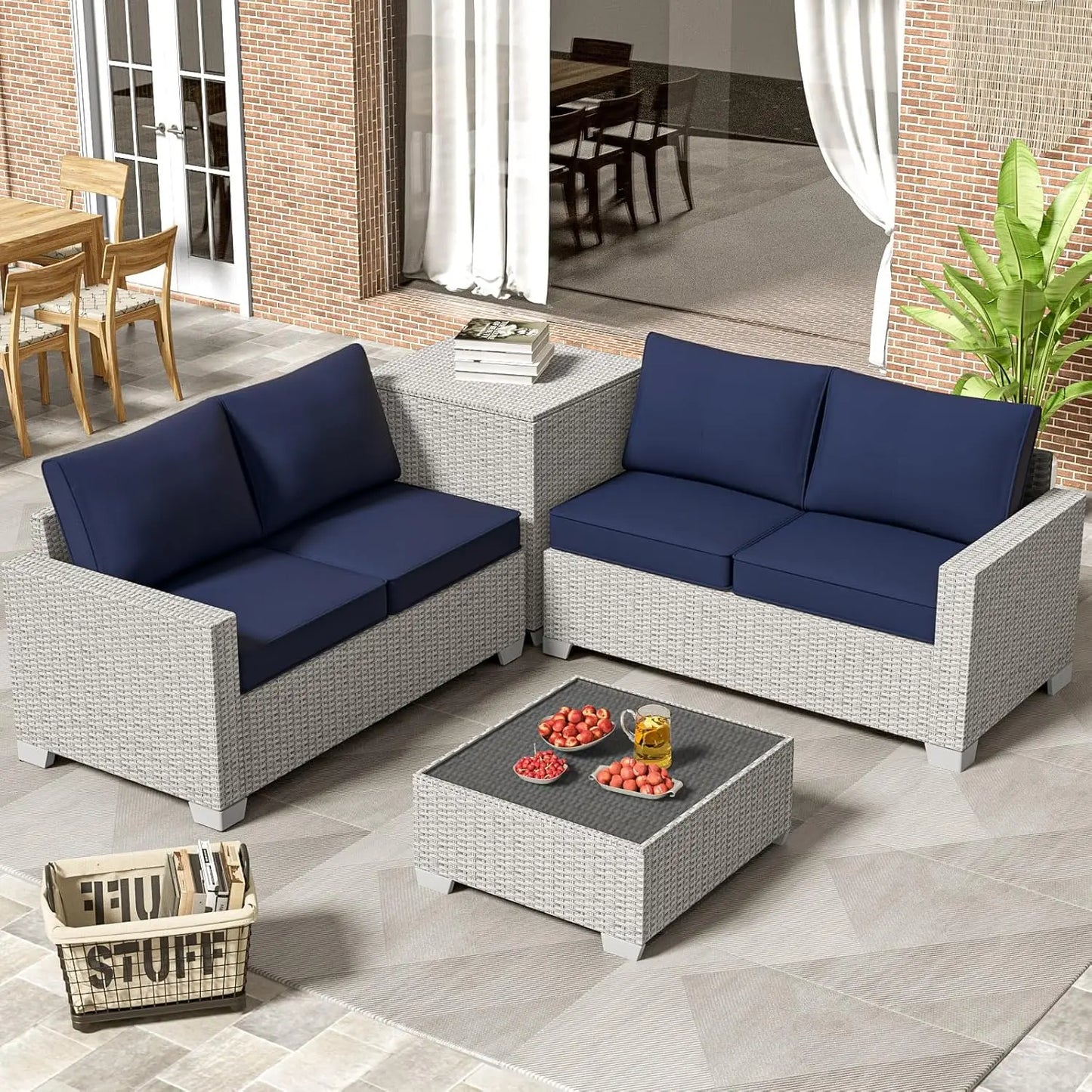 ANGDUO Premium Outdoor Patio Set With Storage Glass Table