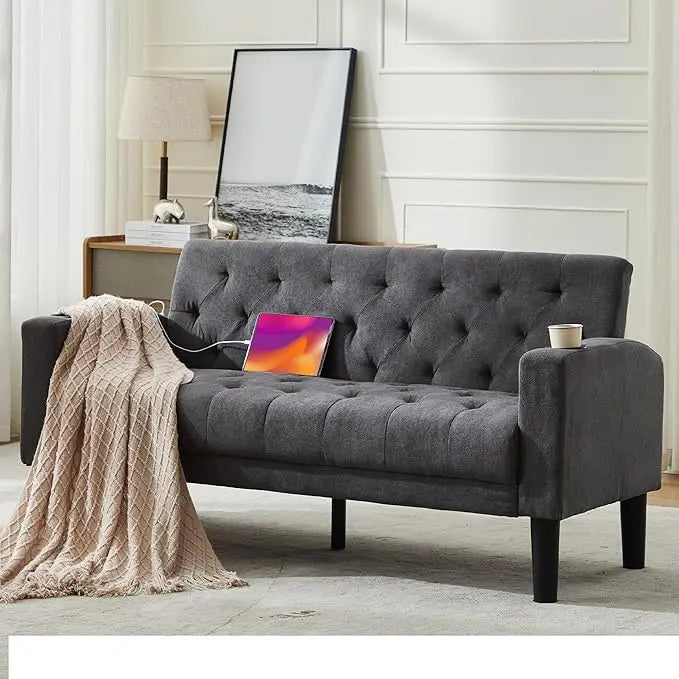 YANYING Velvet Loveseat Sofa With USB Ports And Cupholders