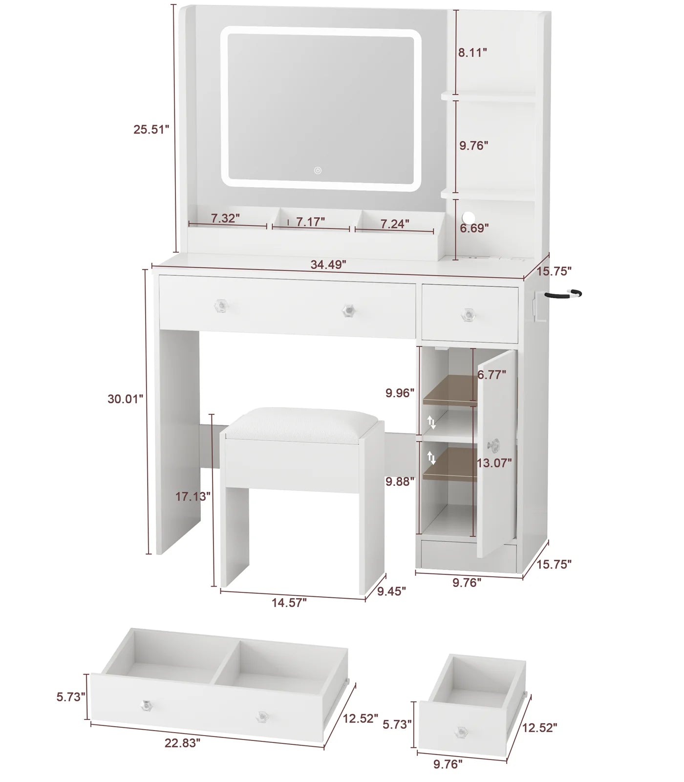 Satifur Vanity Desk with LED Mirror and Power Outlets