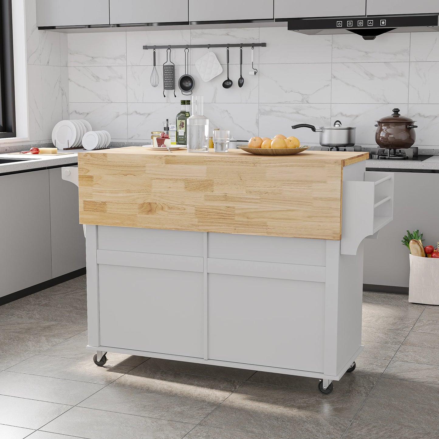 QiaoShiRen Rolling Kitchen Island With Drop Leaf And Storage