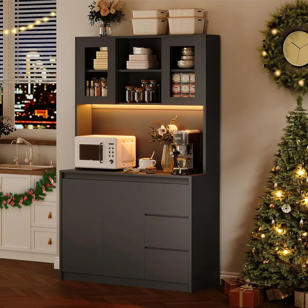 Kitchen Pantry Cabinet Microwave Stand LED And Power Outlets