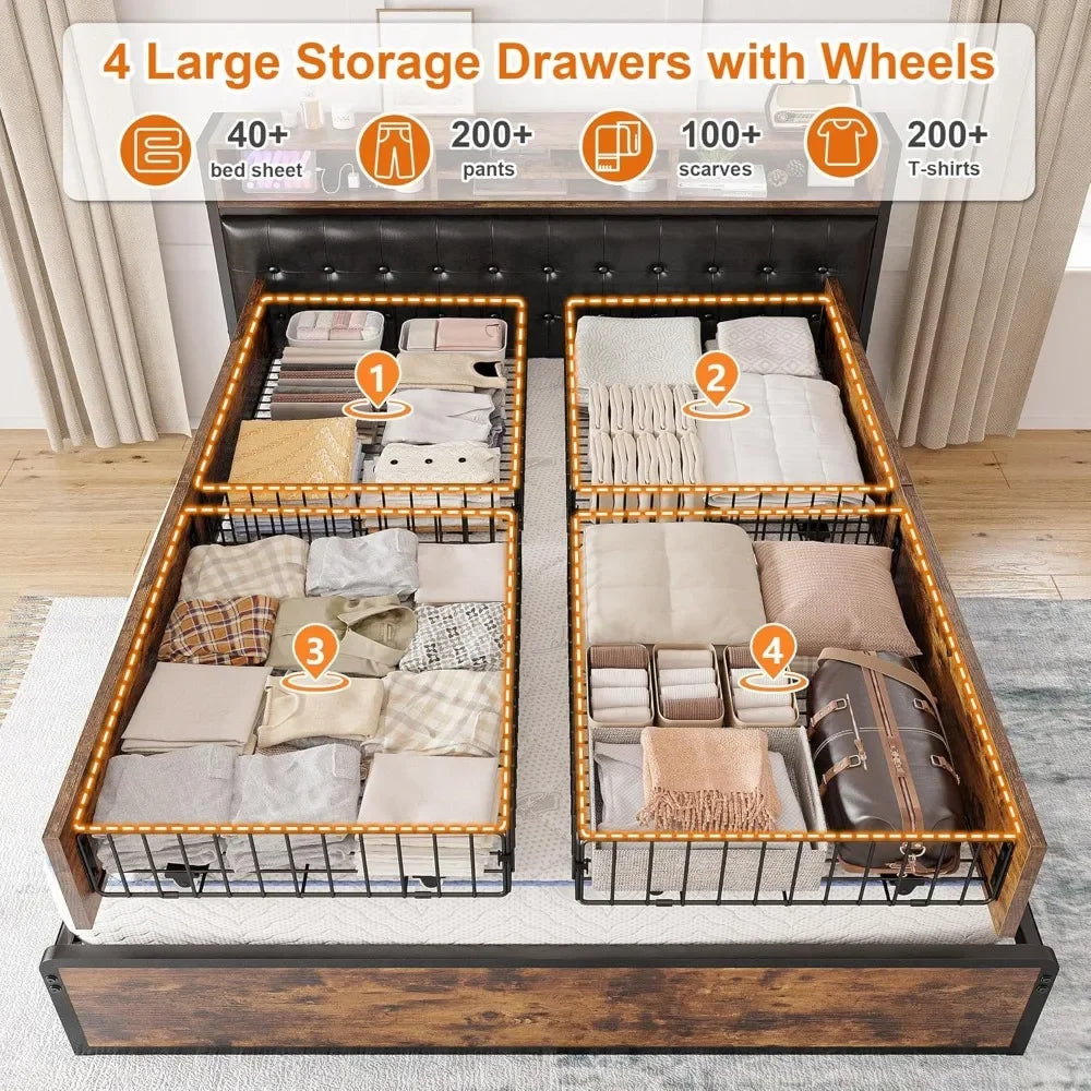 XMSJ Bed Frame With Storage Drawers And Charging Station
