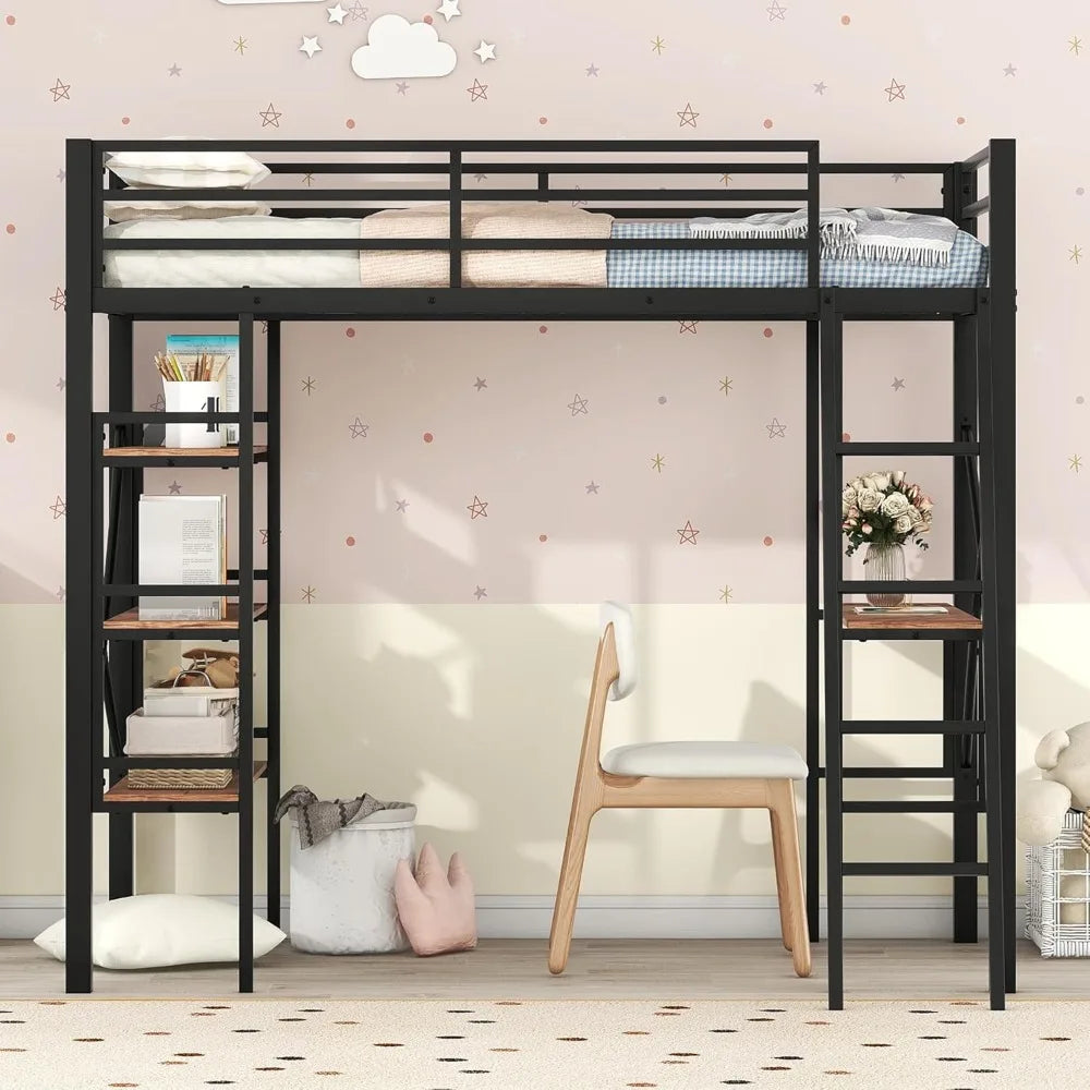 Metal Loft Bed With Desk Shelves Ladder And Safety Guard