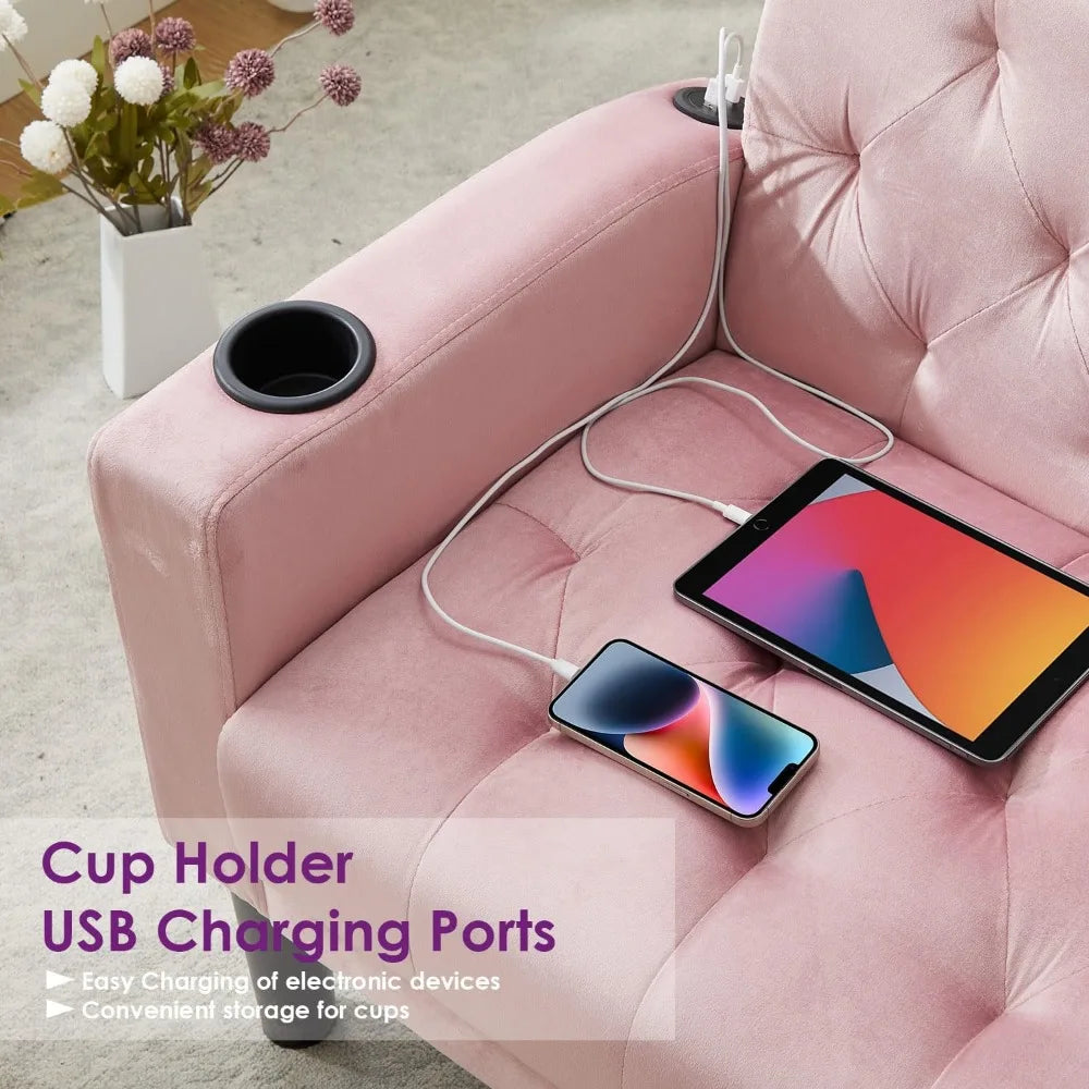 YANYING Velvet Loveseat Sofa With USB Ports And Cupholders