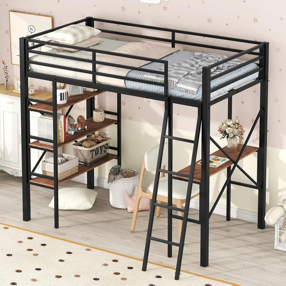 Metal Loft Bed With Desk Shelves Ladder And Safety Guard