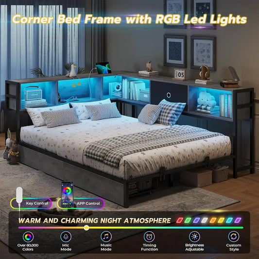 XMSJ Corner Bed Frame With Bookcase Storage And Led Lights