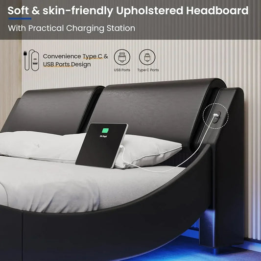 XMSJ Modern Platform Bed Frame With LED Lights Headboard