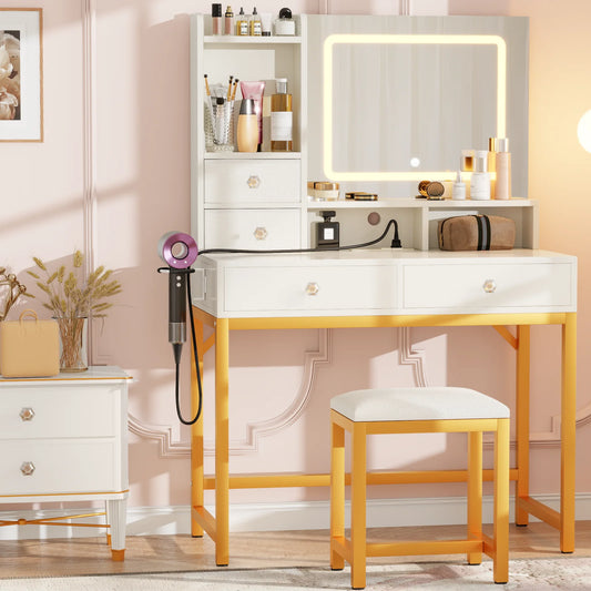 Satifur Vanity Desk with LED Mirror and Power Outlets