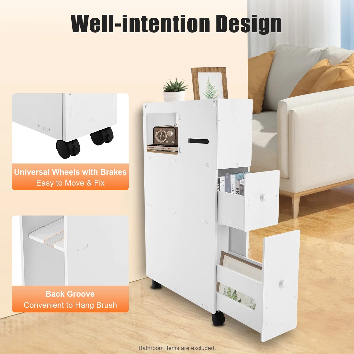 Bymaocar Narrow PVC Floor Standing Bathroom Cabinet Drawers