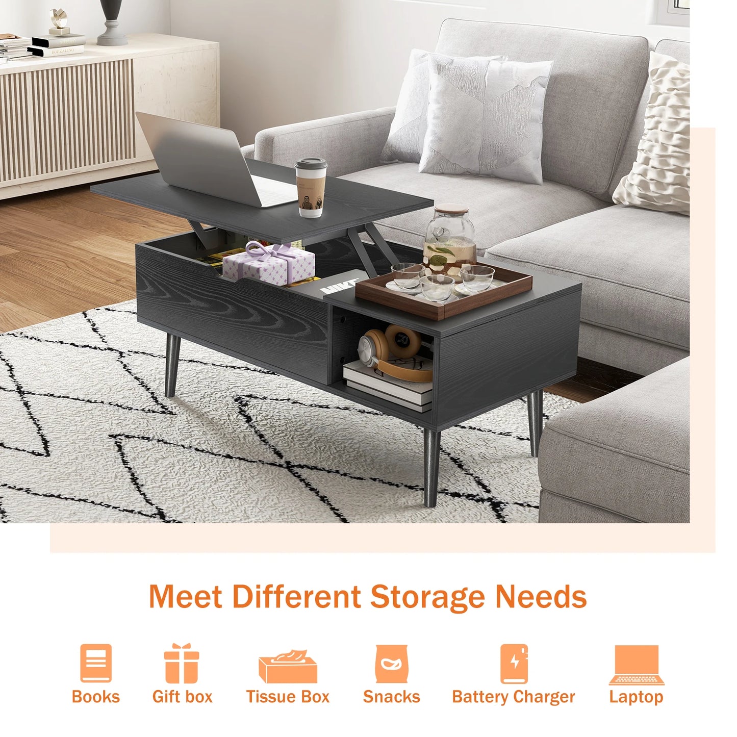 JHK Lift Top Coffee Table With Storage For Living Room